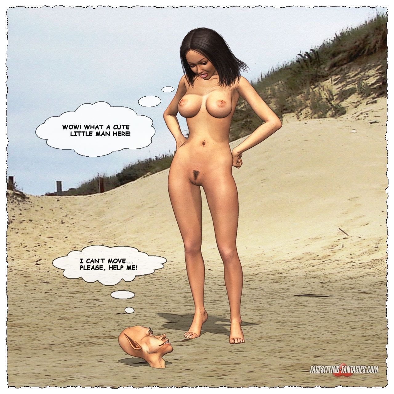 一个 美丽的 赤裸裸的 女孩 和 一个 侏儒 埋 在 沙