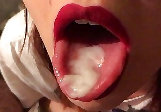 Teen red lipstick closeup blowjob, cum on tongue and swallow