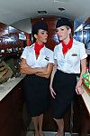 Sexy flight attendants in stockings fucking first class passanger