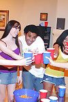Teen babes Jasmine and Reena fucking at a party with cum swapping