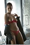 Black glamour model Noel Monique freeing girl parts from red lingerie