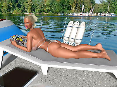 Blonde 3d babe with huge natural boobs sunbathes on sea yacht - part 291
