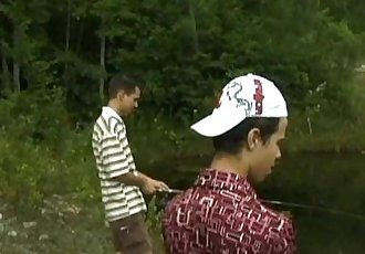 Unlucky young fishermen filmed fucking in forest