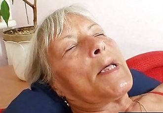 Ugly grandma Cecilie toys her hairy pussy - 5 min